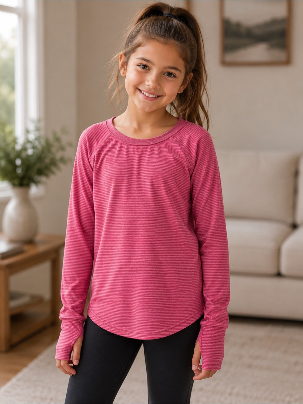 Zella Pink Micro-Striped Long Sleeve Tee